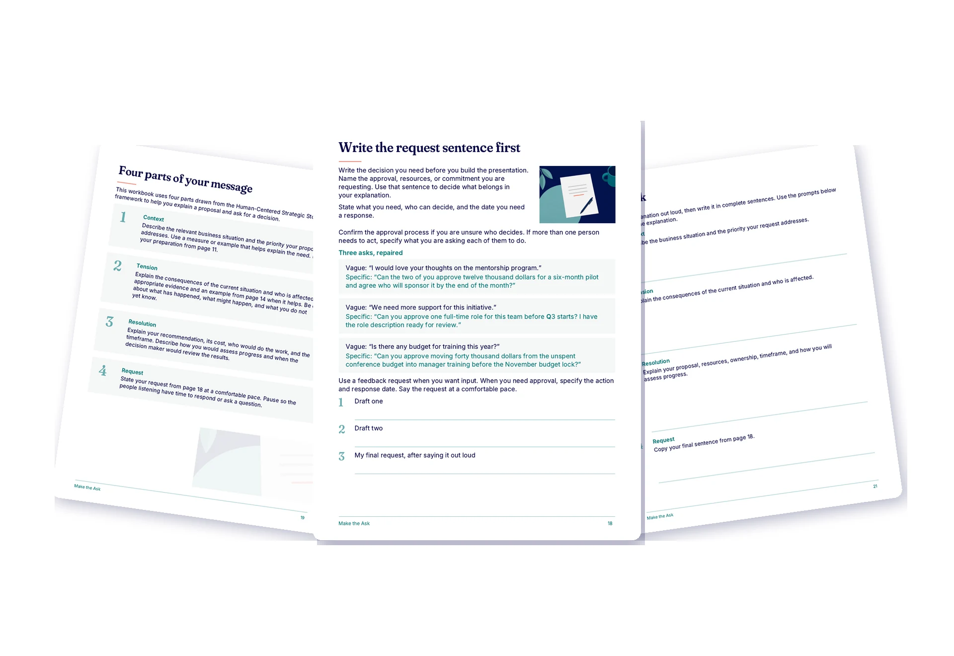 Inside pages of the Make the Ask digital workbook, showing chapter spreads and worksheet pages